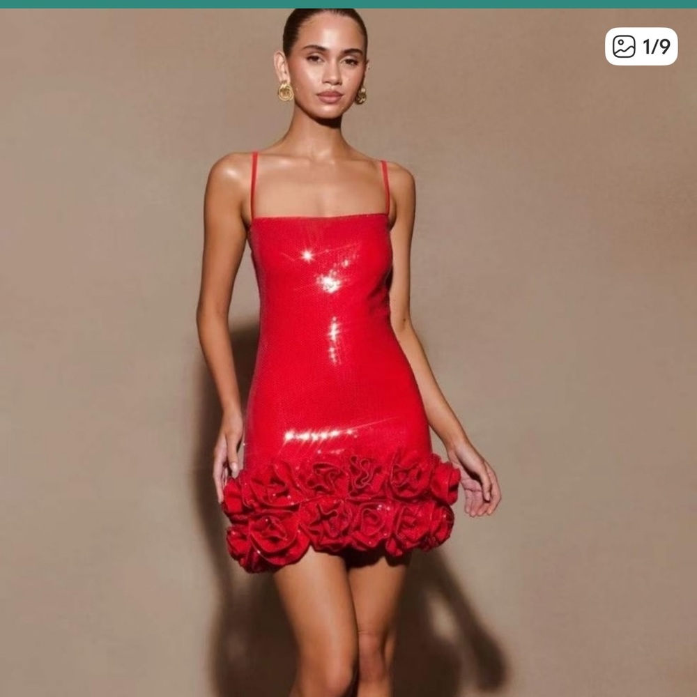Meshki Faye Sequin Flower Mini Dress In Ruby